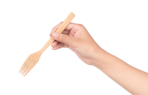 Hand Holding Wood Fork Isolated White Background — Stock Photo, Image