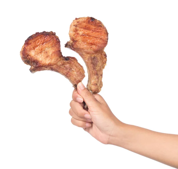 Hand Holding Grilled Pork Ribs Isolated White Background — Stock Photo, Image