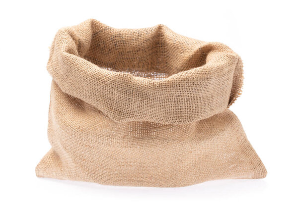 Empty burlap sack isolated on white background
