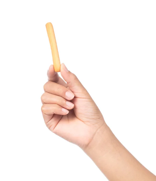 Hand Houden Knapperig Stro Witte Achtergrond Biscuit Sticks Geïsoleerd Witte — Stockfoto