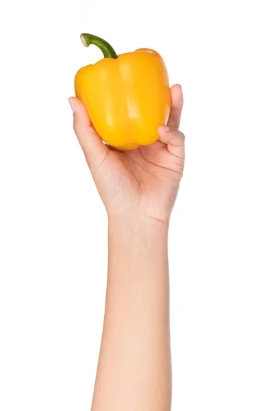 Mano Sosteniendo Pimiento Amarillo Aislado Sobre Fondo Blanco — Foto de Stock