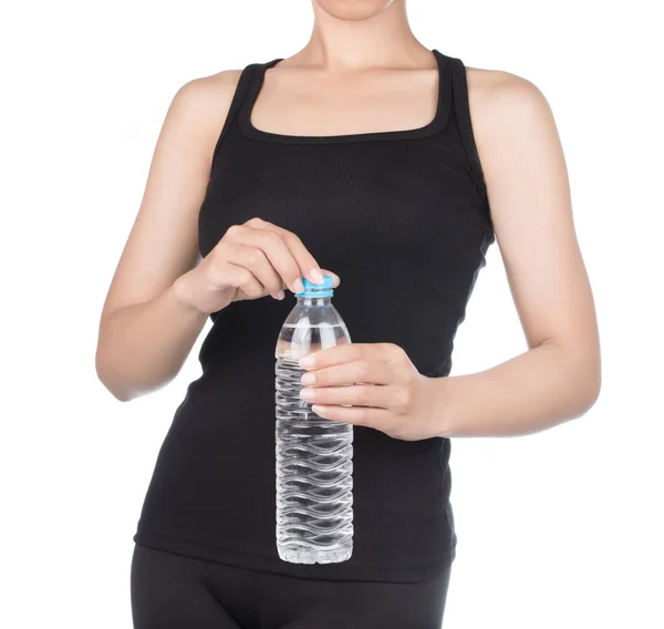 Молодая Спортсменка Держит Бутылку Воды Белом Фоне — стоковое фото