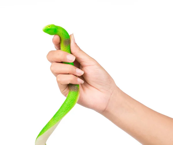 Hand Hält Schlangenspielzeug Isoliert Auf Weißem Hintergrund — Stockfoto