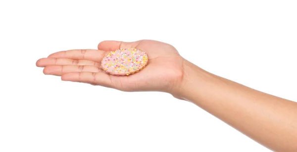 Mano Celebración Galletas Fresa Con Cobertura Espolvorear Aislado Sobre Fondo — Foto de Stock