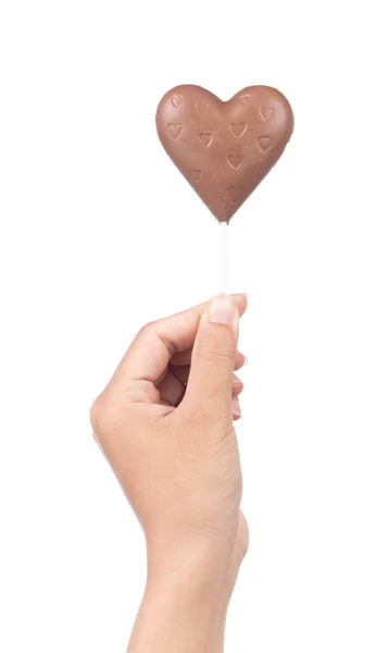 Hand Hält Schokoladenherz Isoliert Auf Weißem Hintergrund — Stockfoto