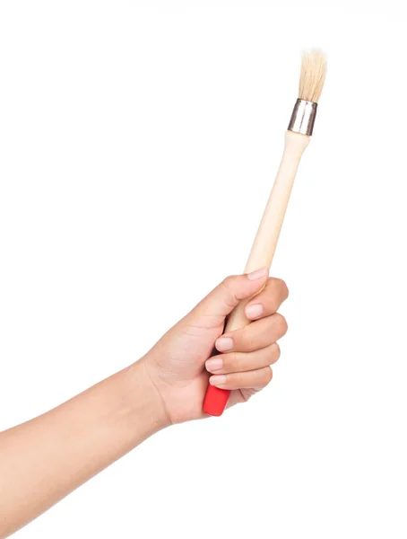 Czerwony Paintbrush Ręku Izolowane Białym Tle — Zdjęcie stockowe