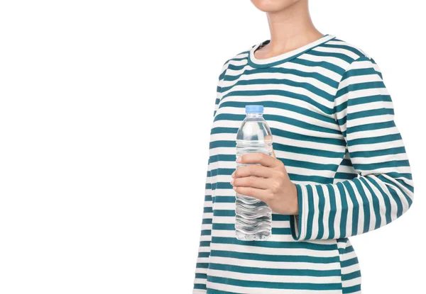Gadis Berpakaian Lengan Panjang Terus Botol Air Terisolasi Pada Latar — Stok Foto