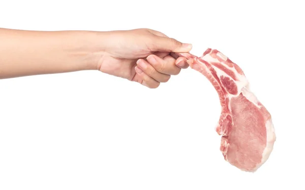 Mão Segurando Costeletas Porco Cruas Isoladas Fundo Branco — Fotografia de Stock