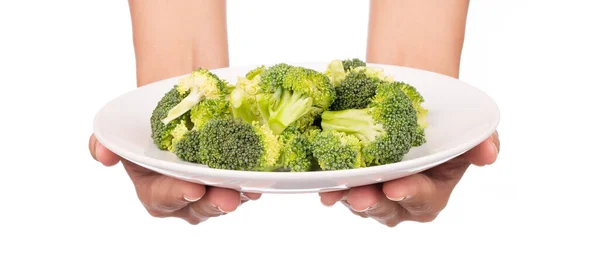 Tangan Memegang Piring Dari Broccoli Terisolasi Pada Latar Belakang Putih — Stok Foto