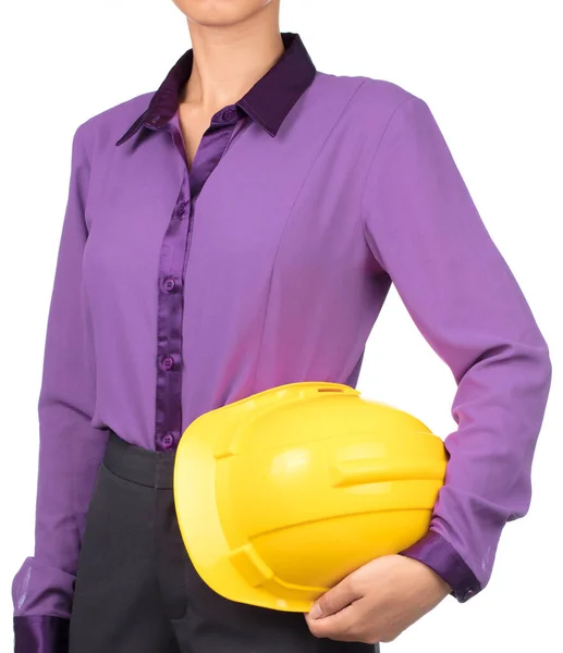 Woman Civil Engineer Holding Safety Helmet Construction Isolated White Background — Stock Photo, Image