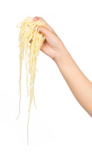 Ręka Gospodarstwa Makaron Spaghetti Naczyniu Izolowane Białym Tle — Zdjęcie stockowe
