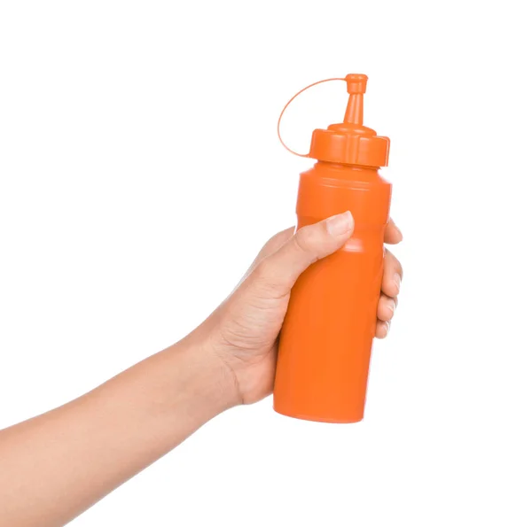 Hand Hält Eine Flasche Chilisauce Isoliert Auf Weißem Hintergrund — Stockfoto