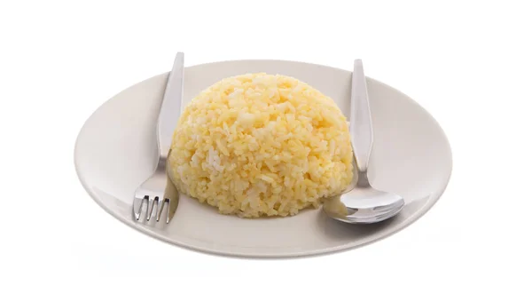 Rice Plate Portion Cooked Yellow Rice White Ceramic Dish — 스톡 사진