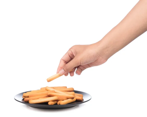 Mão Segurando Placa Palha Crocante Fundo Branco Paus Biscoito Isolados — Fotografia de Stock