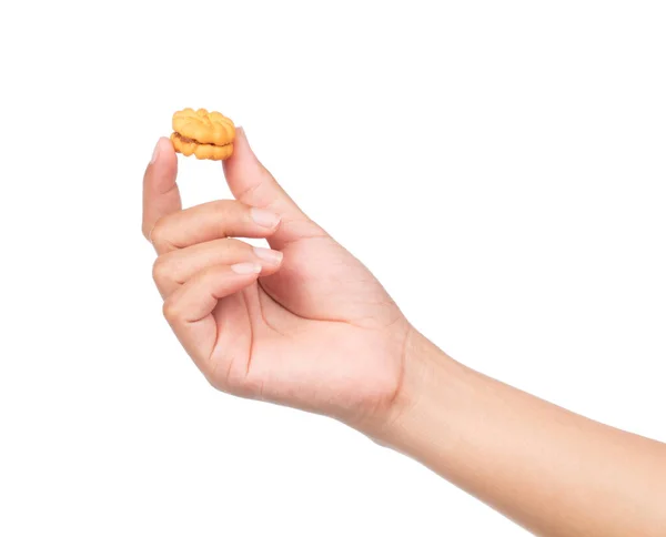 Hand Håller Cookie Isolerad Vit Bakgrund — Stockfoto