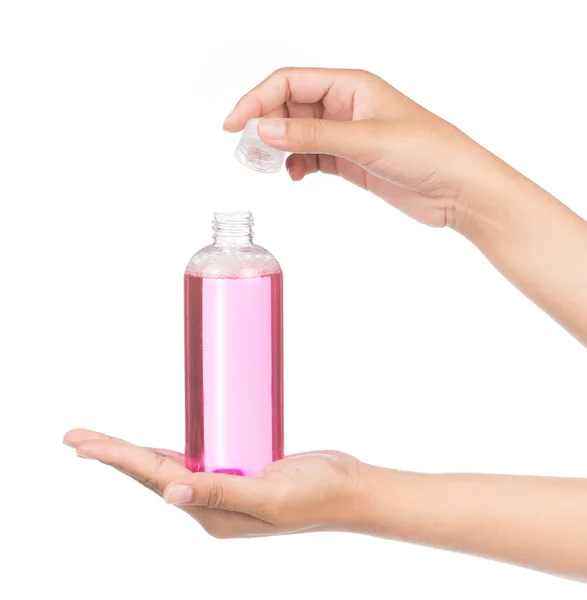 Рука Тримає Пластикову Пляшку Ізольовано Білому Тлі — стокове фото