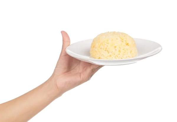 Beyaz Seramik Tabakta Pişmiş Sarı Pirinç Tabağında Pilavı Tutan — Stok fotoğraf