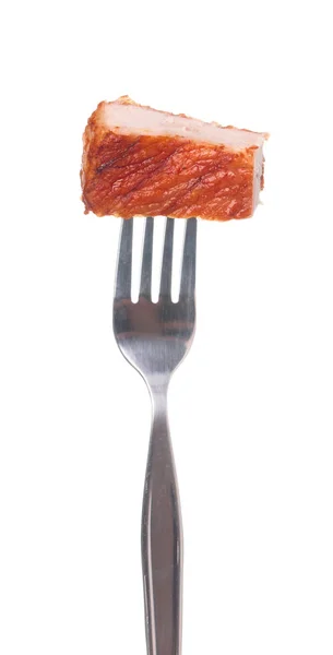 Een Gegrild Varkensvlees Met Vork Geïsoleerd Witte Achtergrond — Stockfoto