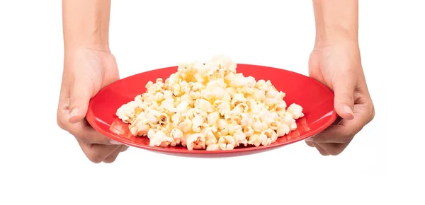 Hand Innehav Platta Popcorn Isolerad Vit Bakgrund — Stockfoto