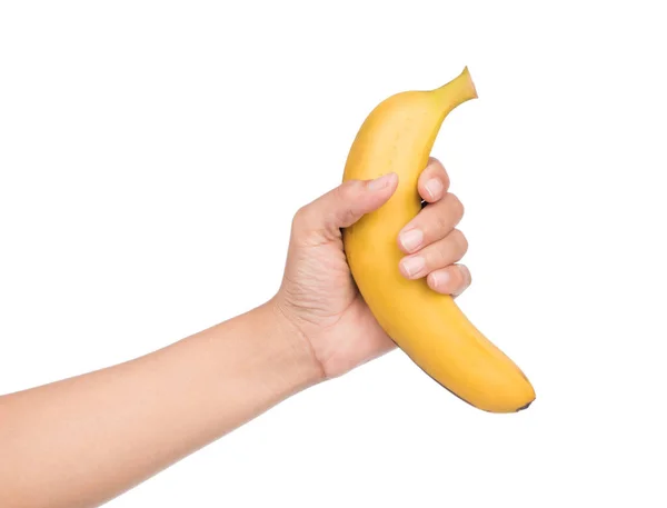 拿香蕉被隔绝在白色背景上的手 — 图库照片