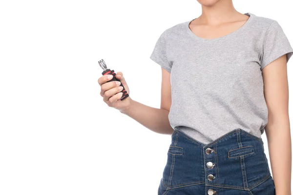 Mulher Vestindo Camiseta Rosa Branco Jeans Segurando Equipamento Aperto Mão — Fotografia de Stock