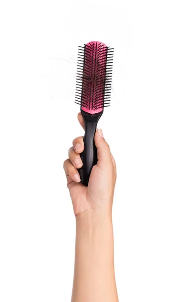 Χέρι Κρατώντας Ροζ Μαλλιά Comb Απομονώνονται Λευκό Φόντο — Φωτογραφία Αρχείου