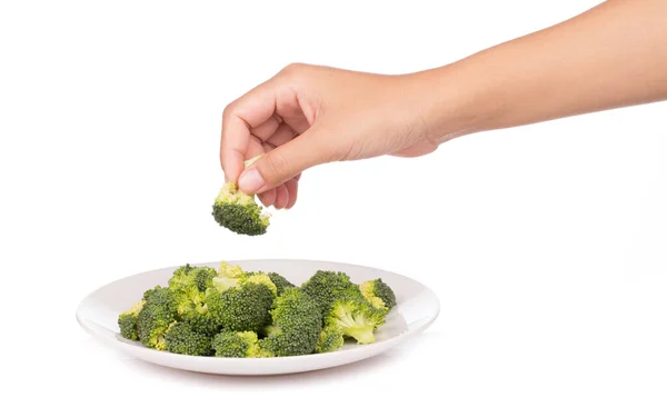 Ruční Držení Misky Brokolice Izolované Bílém Pozadí — Stock fotografie