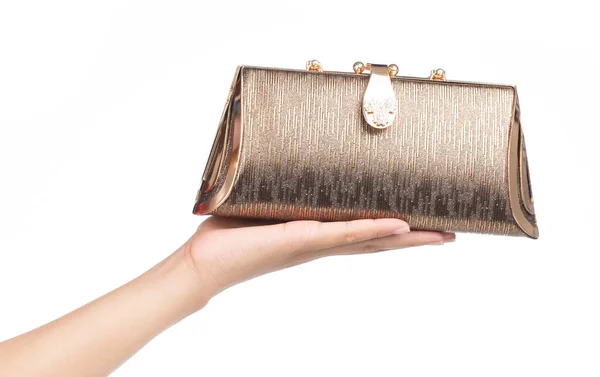 Hand Hält Goldene Clutch Mit Diamanten Isoliert Auf Weißem Hintergrund — Stockfoto