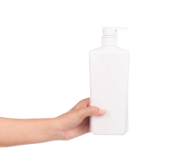Hand Holding White Bottle Lotion Isolated White Background — Stock Photo, Image
