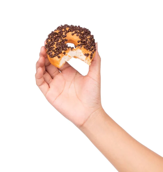 Hand Vasthouden Beet Heerlijke Donut Met Chocolade Geïsoleerd Witte Achtergrond — Stockfoto