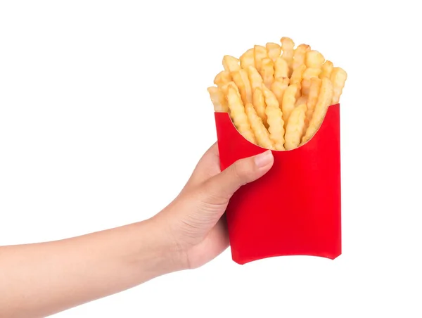 Hand Hält Gezackte Pommes Einer Roten Papiertüte Isoliert Auf Weißem — Stockfoto