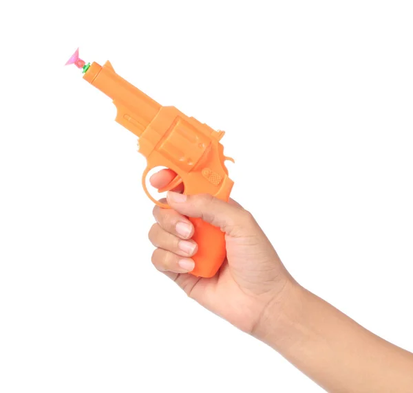 Hand Houden Toy Gun Gemaakt Van Kunststof Geïsoleerd Witte Achtergrond — Stockfoto