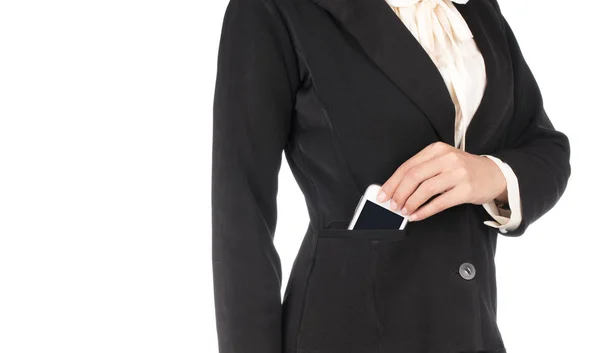 Femme Affaires Costume Avec Smartphone Mobile Isolé Sur Fond Blanc — Photo