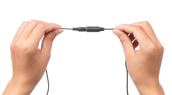 Mão Segurando Audio Mini Jack Cable Para Microfone Isolado Fundo — Fotografia de Stock