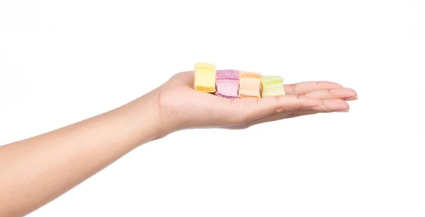 Mano Che Tiene Caramelle Colorate Gelatine Dolci Isolate Sfondo Bianco — Foto Stock