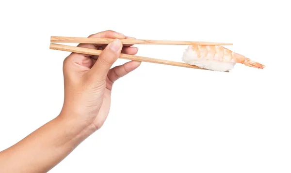 Hand Hält Sushi Garnelen Durch Essstäbchen Isoliert Auf Weißem Hintergrund — Stockfoto