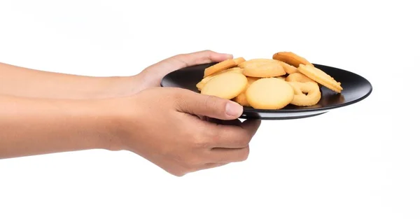 Hand Hält Butterkekse Auf Einem Auf Weißem Hintergrund Isolierten Teller — Stockfoto