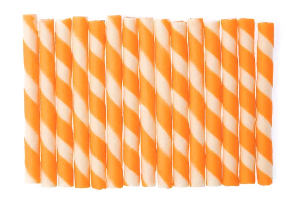 Striped Wafer Rolls Filled Orange Isolated White Background — Stock Photo, Image