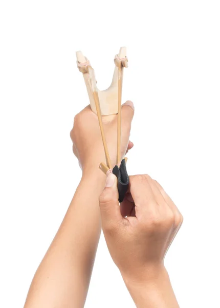 Catapult Slingshot Isolated White Background Hand Pulling — Stock Photo, Image