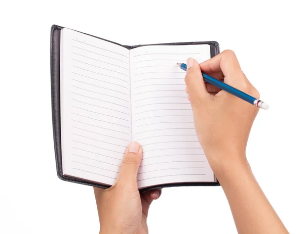 Hand Houden Schrijven Lege Notebook Geïsoleerd Witte Achtergrond — Stockfoto