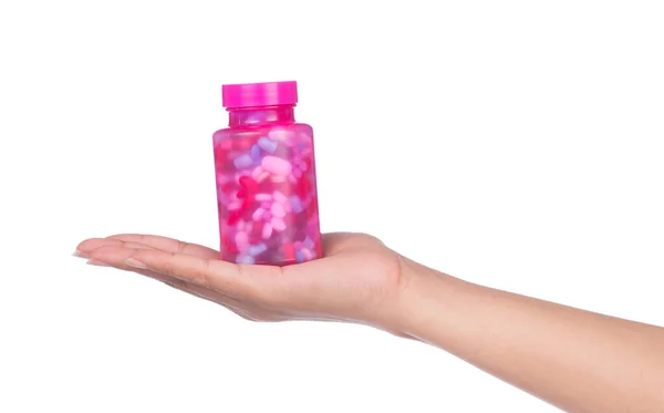 Handen Håller Medicinburk Med Piller Tabletter Inuti Isolerad Vit Backgroun — Stockfoto