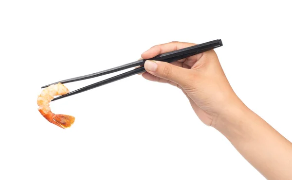 Chopsticks Segurando Camarão Isolado Fundo Branco — Fotografia de Stock