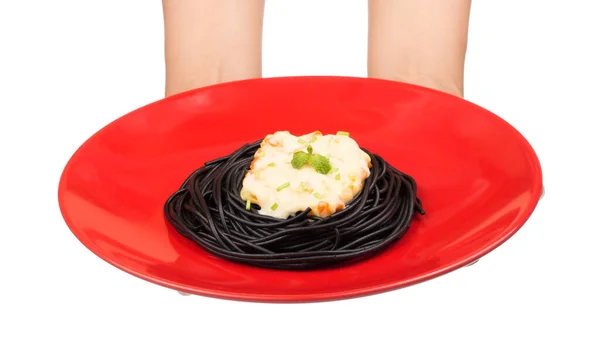 Hand Holding Black Spaghetti Carbonara Plate Isolated White Background — Stock Photo, Image