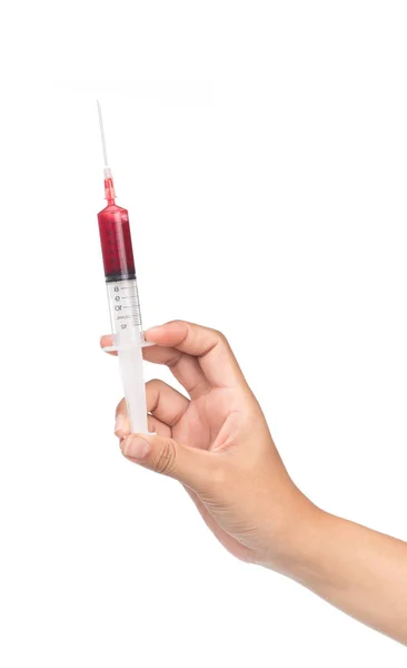 Hand Met Bloedspuit Voor Injectie Geïsoleerd Witte Achtergrond — Stockfoto
