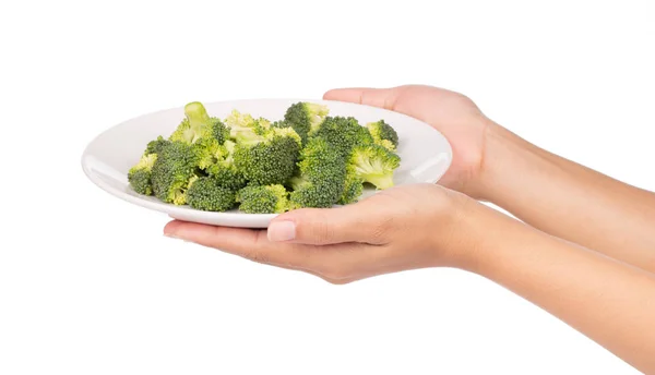 Tangan Memegang Piring Dari Broccoli Terisolasi Pada Latar Belakang Putih — Stok Foto