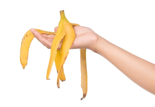 Hand Hält Bananenschale Isoliert Auf Weißem Hintergrund — Stockfoto