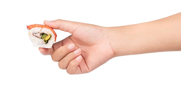 Tangan Orang Memegang Sushi Segar Latar Belakang Putih — Stok Foto