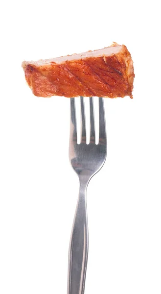 Grillad Fläsk Med Gaffel Isolerad Vit Bakgrund — Stockfoto