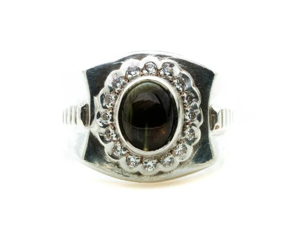 Krásný Černý Jaspis Prsten Bílém Pozadí — Stock fotografie