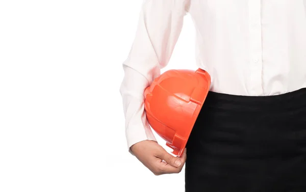 Woman Engineer Holding Safety Helmet Construction Isolated White Backgroun — Stock Photo, Image